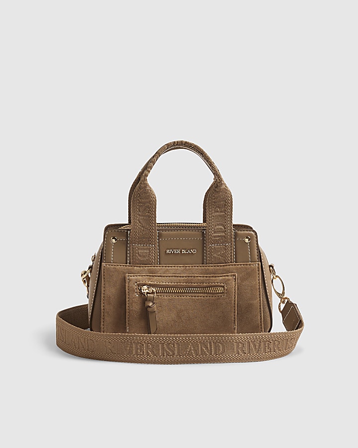Beige Webbing Handle Tote Crossbody Bag