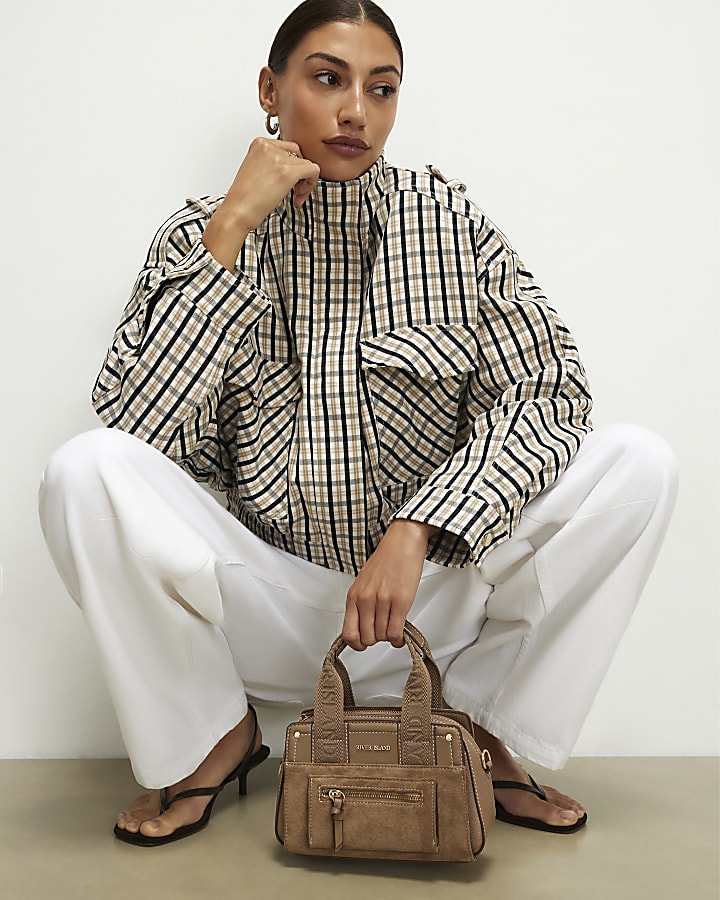 Beige Webbing Handle Tote Crossbody Bag