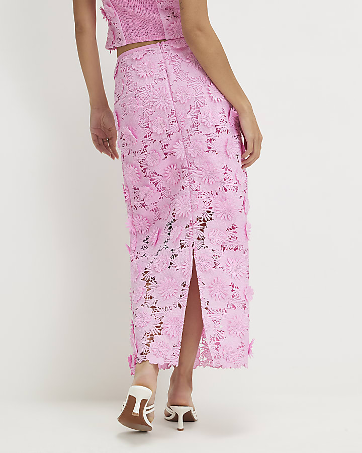 Pink Lace Midi Pencil Skirt