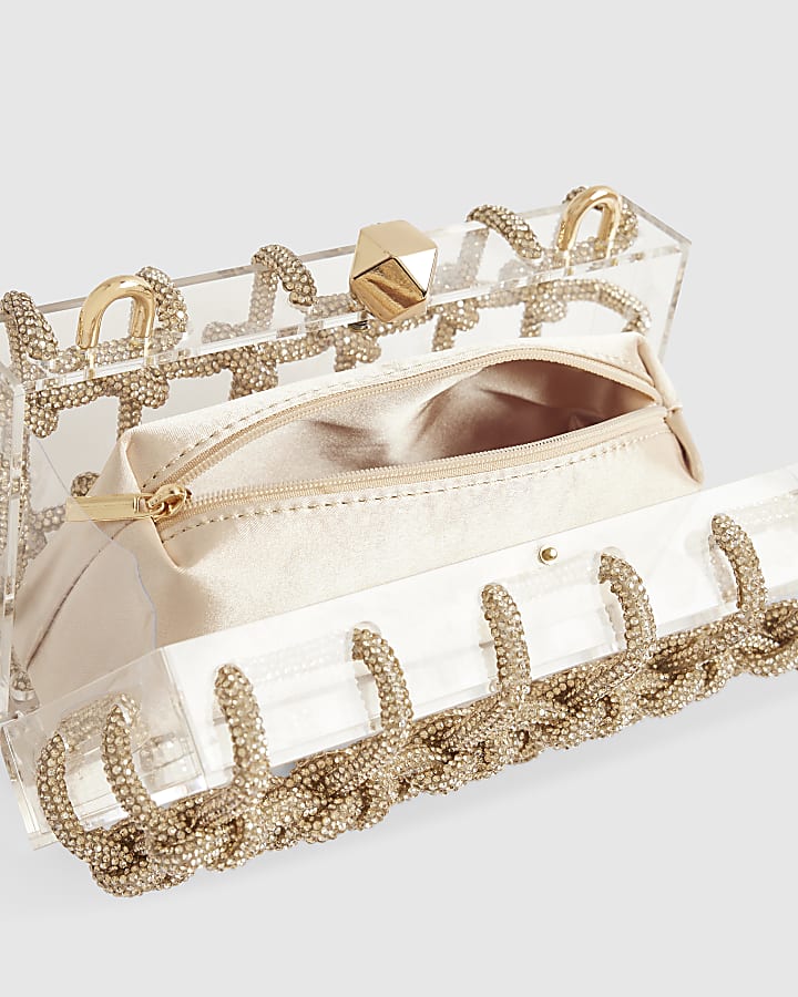 Gold Diamante Rope Clear Clutch Bag