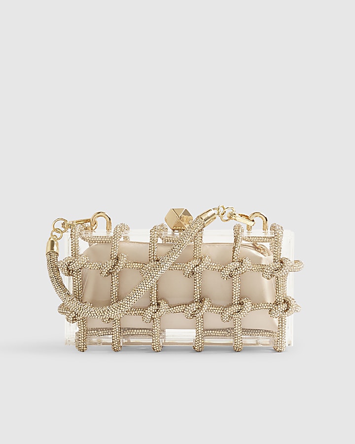Gold Diamante Rope Clear Clutch Bag