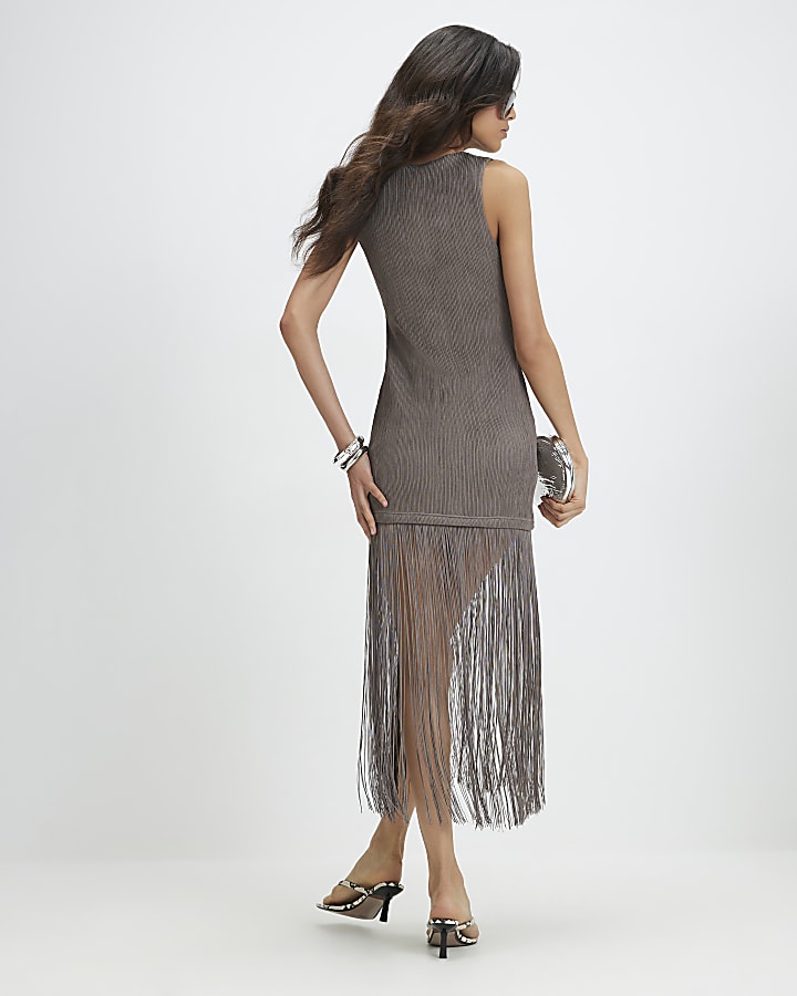 Grey Fringe Trim Maxi Dress