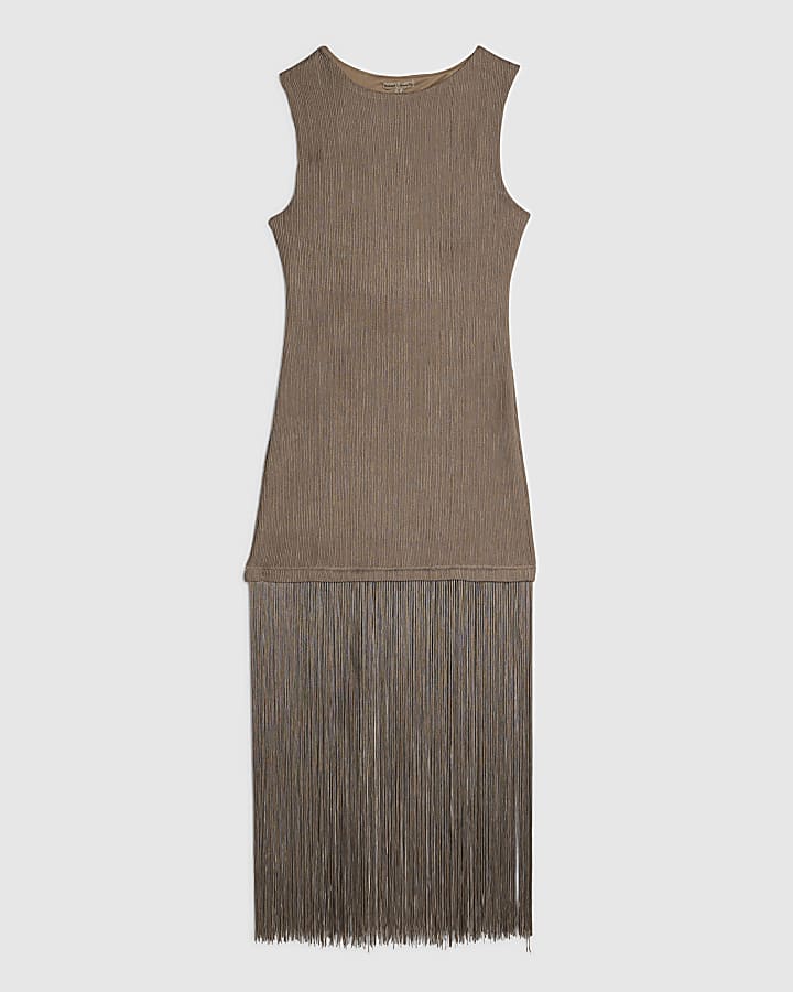Grey Fringe Trim Maxi Dress