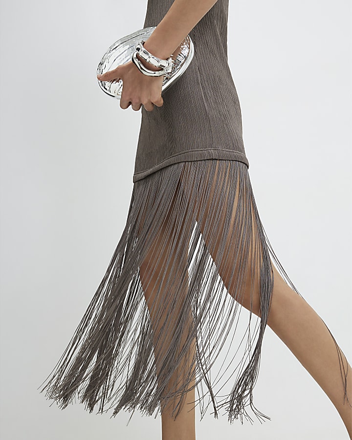 Grey Fringe Trim Maxi Dress