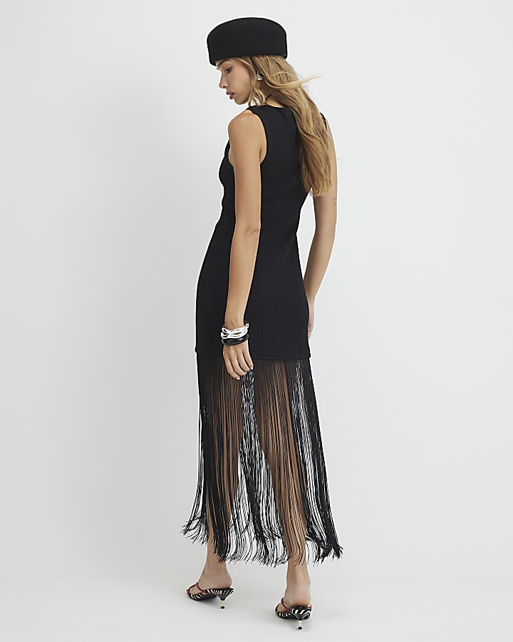 Black Fringe Trim Maxi Dress