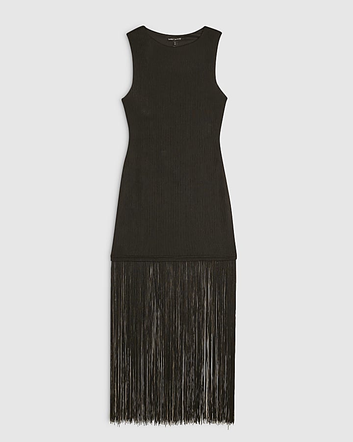 Black Fringe Trim Maxi Dress