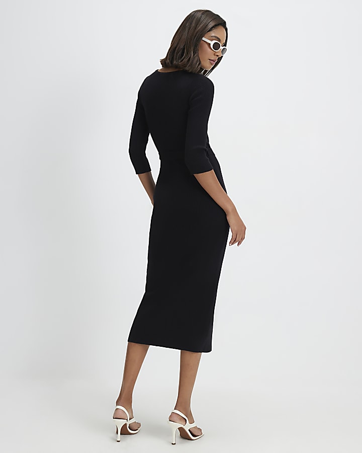 Black Knit Belted Ribbed Midi Dress