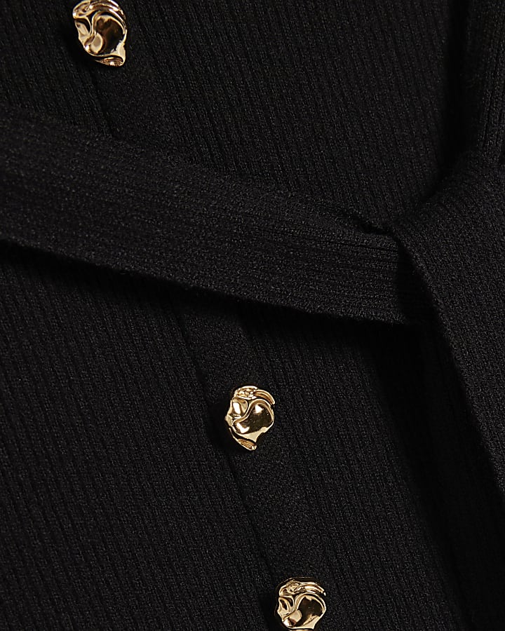 Black Knit Belted Ribbed Midi Dress