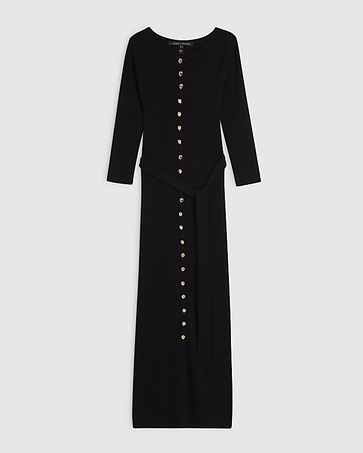 Black Knit Belted Ribbed Midi Dress