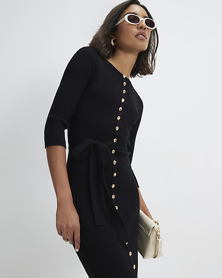 Black Knit Belted Ribbed Midi Dress