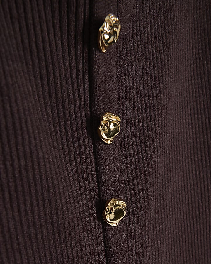Brown Knit Belted Ribbed Midi Dress