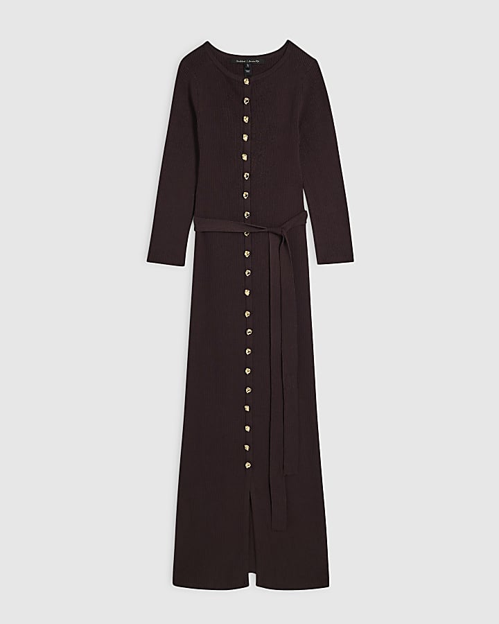Brown Knit Belted Ribbed Midi Dress