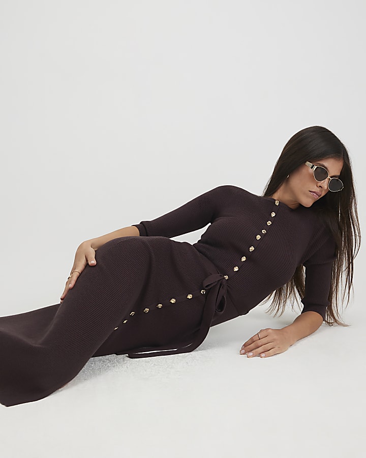 Brown Knit Belted Ribbed Midi Dress