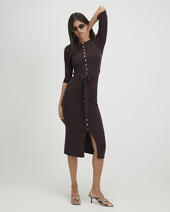 Brown Knit Belted Ribbed Midi Dress