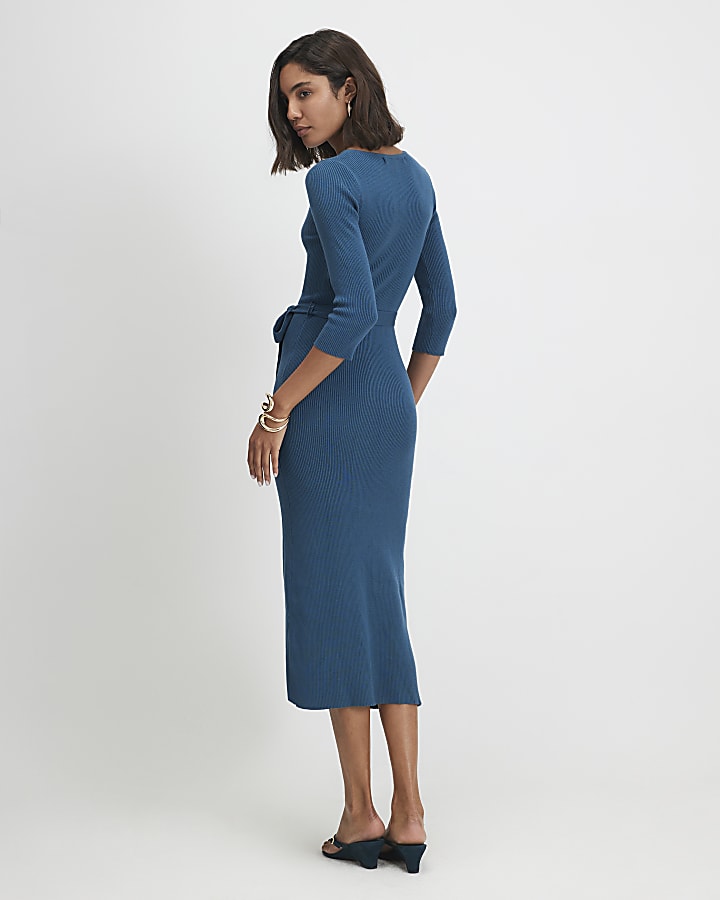 Green Knit Belted Ribbed Midi Dress