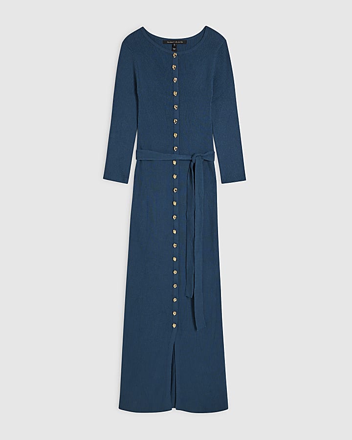Green Knit Belted Ribbed Midi Dress