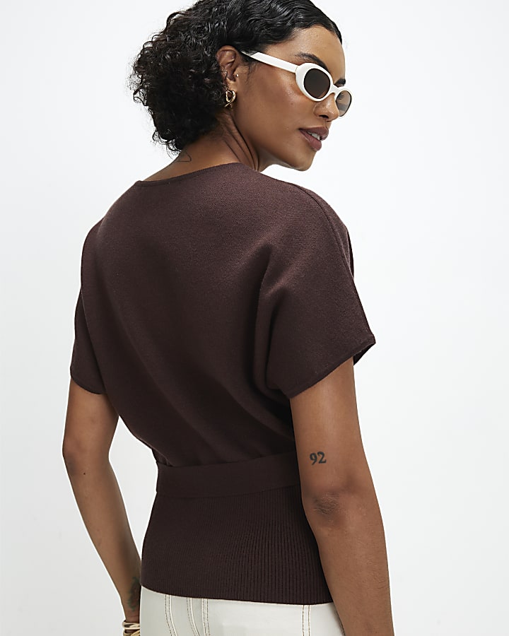Brown Cinched Waist Belted Cardigan Top