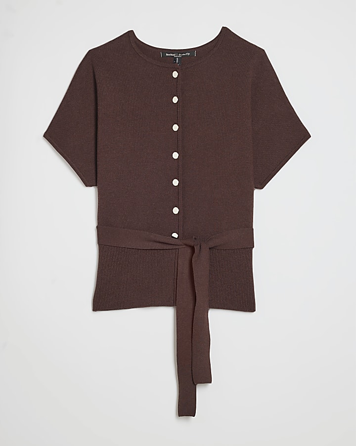 Brown Cinched Waist Belted Cardigan Top