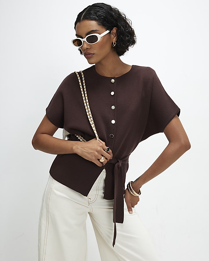 Brown Cinched Waist Belted Cardigan Top