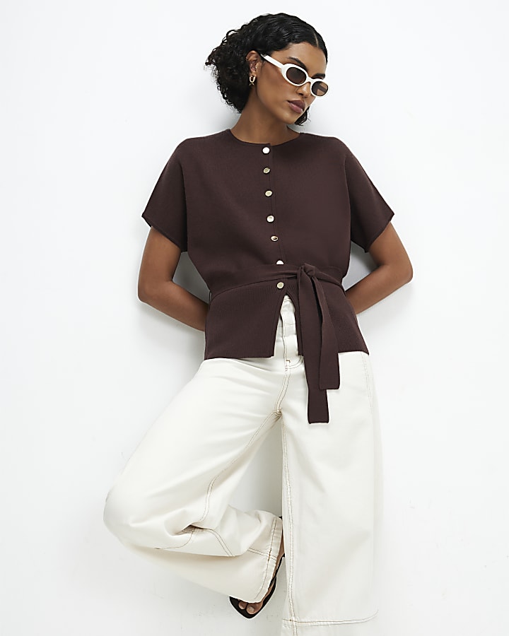 Brown Cinched Waist Belted Cardigan Top