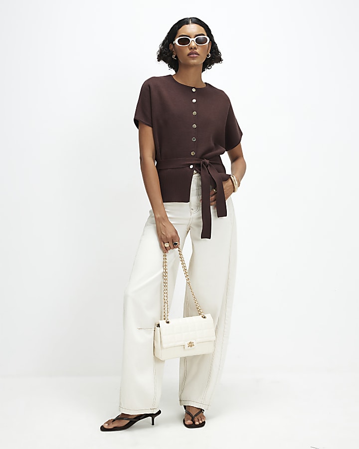 Brown Cinched Waist Belted Cardigan Top
