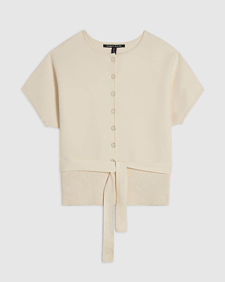 Cream Cinched Waist Belted Cardigan Top