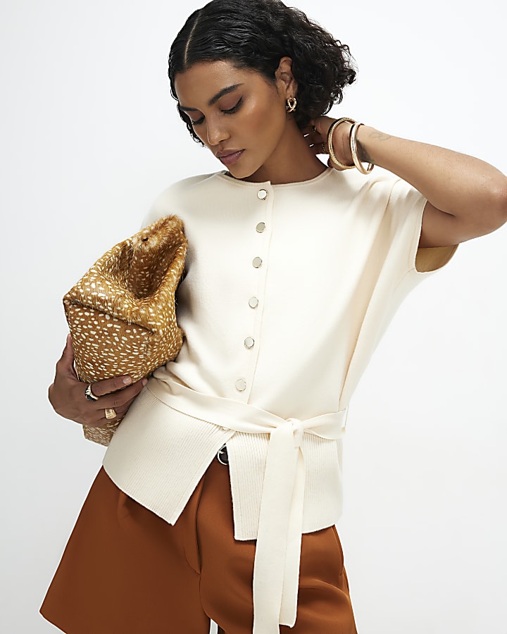 Cream Cinched Waist Belted Cardigan Top
