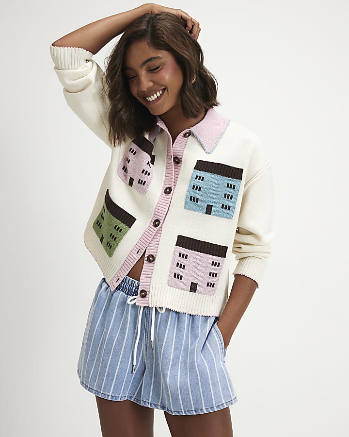 Cream Multi House Collared Cardigan