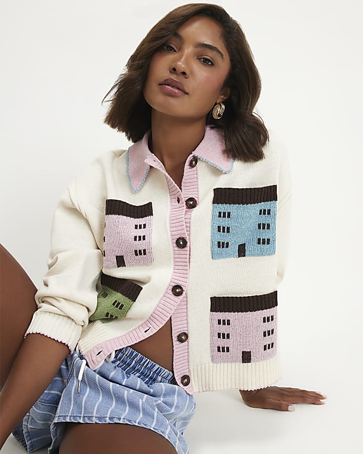 Cream Multi House Collared Cardigan