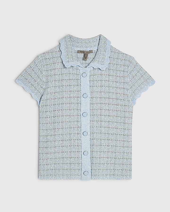 Blue Knit Button Through Boucle Top