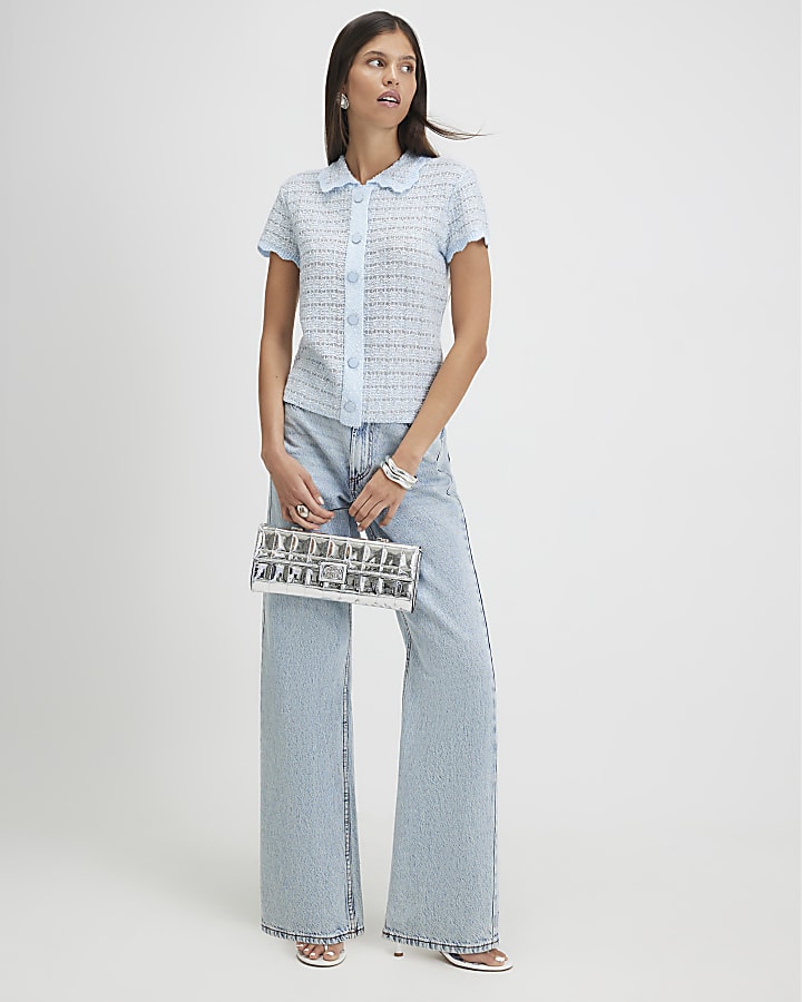 Blue Knit Button Through Boucle Top