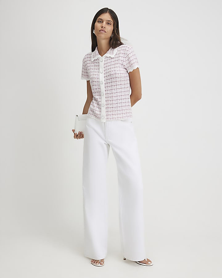 Pink Knit Button Through Boucle Top