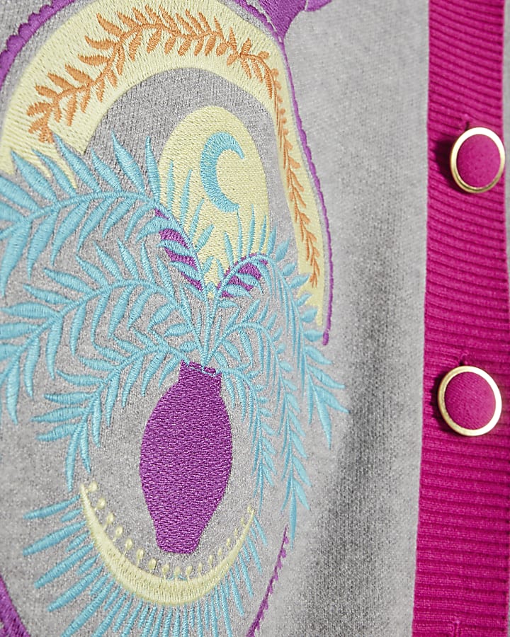 Grey Long Sleeve Embroidered Motif Cardigan
