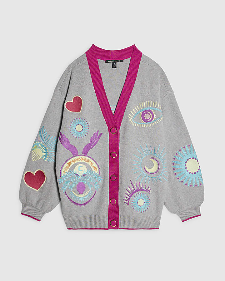 Grey Long Sleeve Embroidered Motif Cardigan