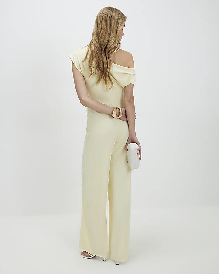 Yellow Short Sleeve Asymmetric Drape Jumpsuit