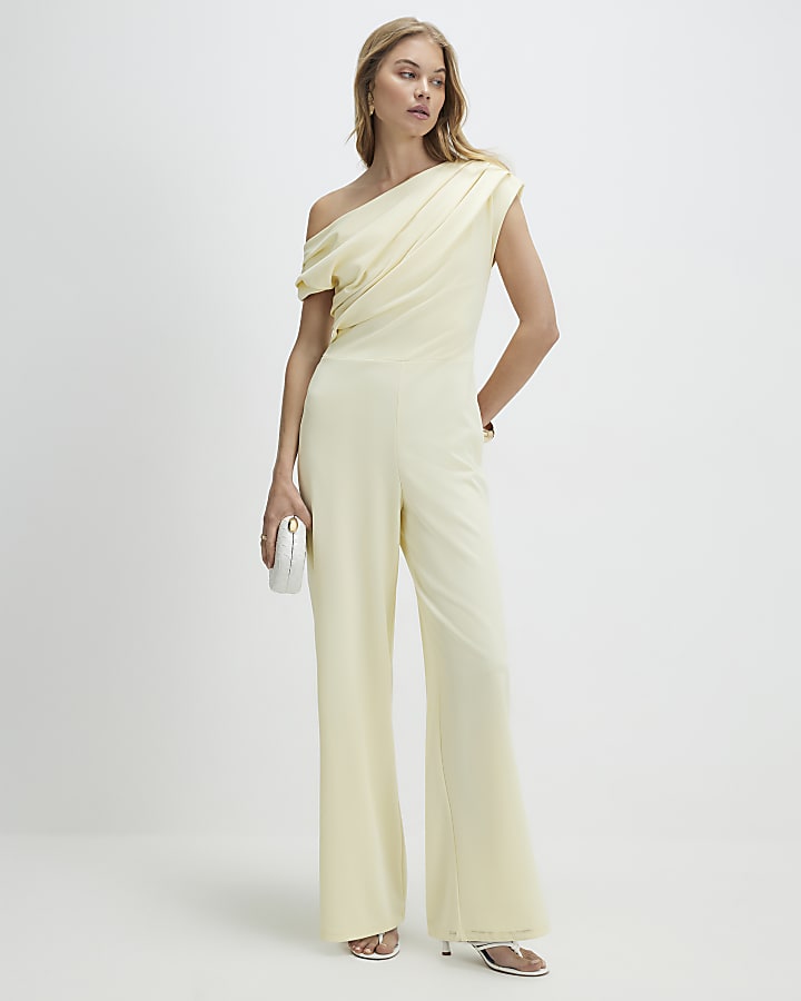 Yellow Short Sleeve Asymmetric Drape Jumpsuit