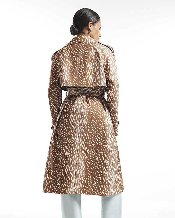 Petite Brown Deer Print Duster Coat