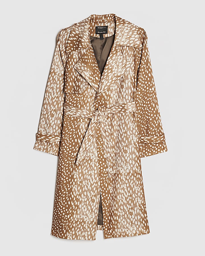 Petite Brown Deer Print Duster Coat