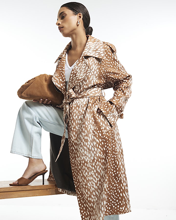 Petite Brown Deer Print Duster Coat