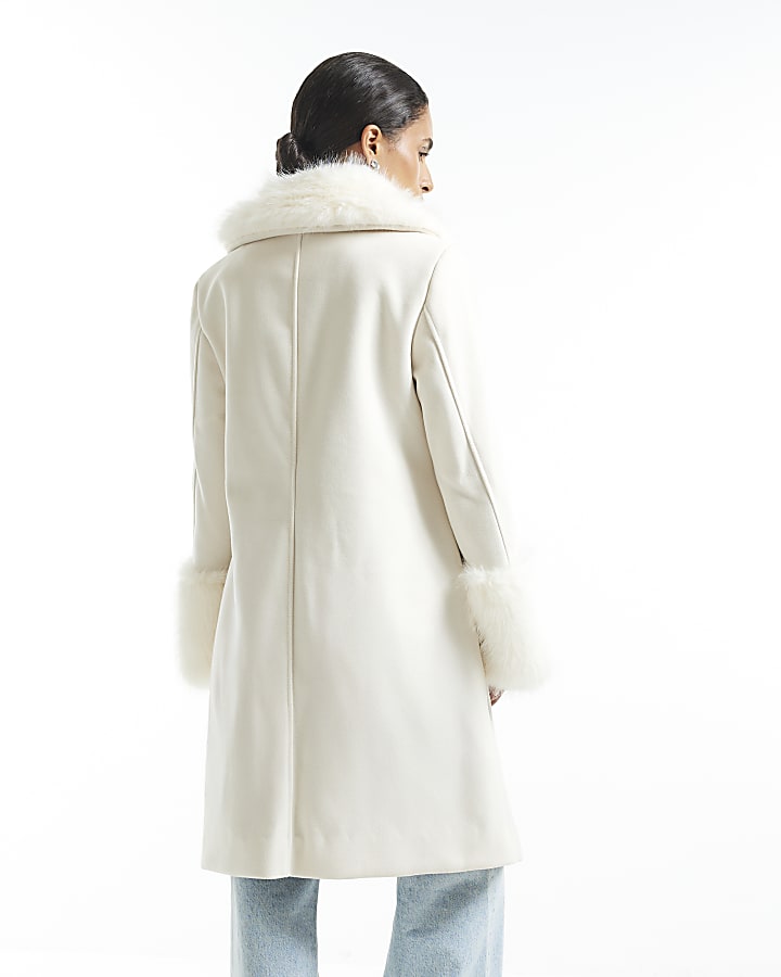Petite Cream Faux Fur Trim Coat