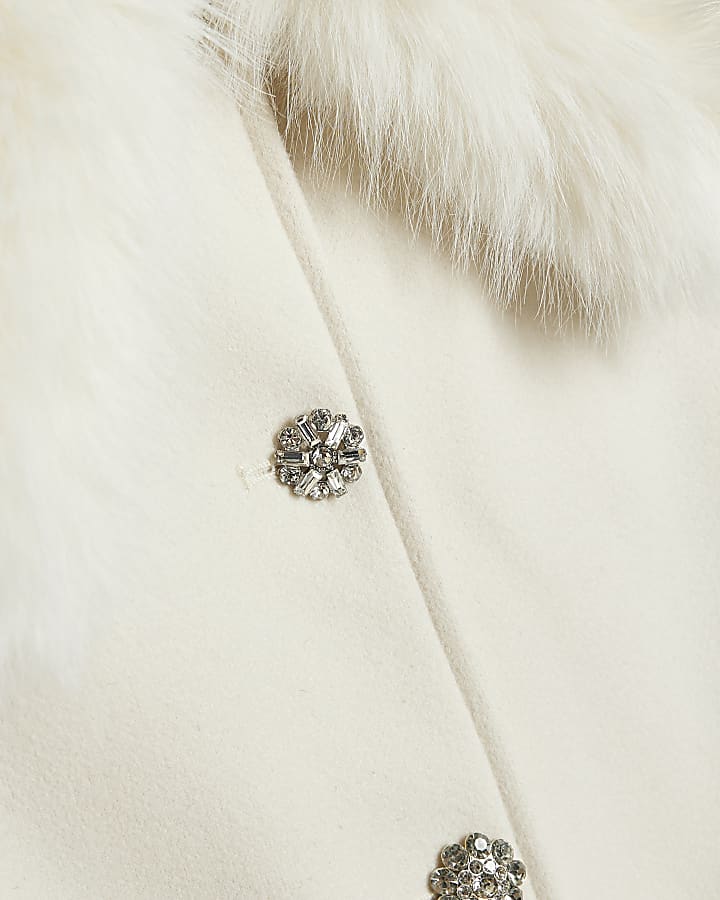 Petite Cream Faux Fur Trim Coat