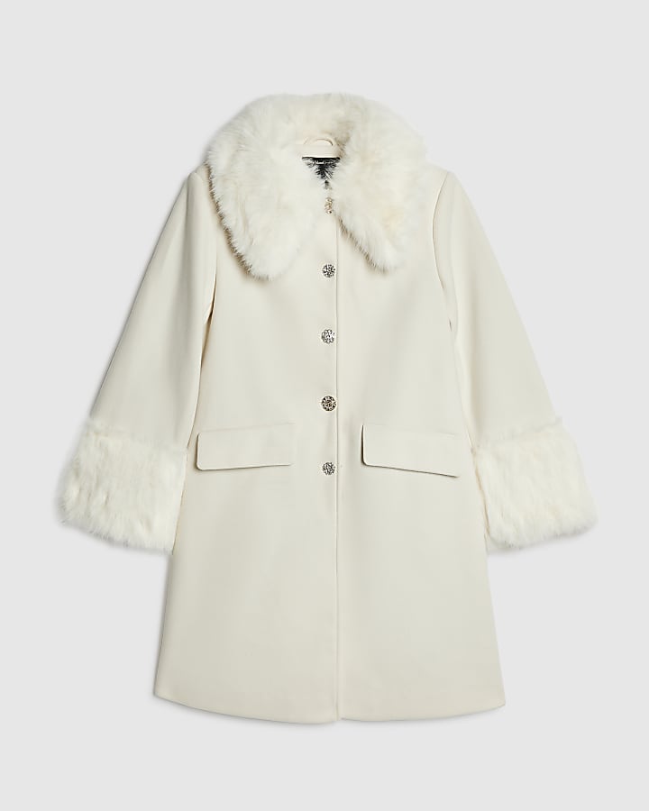 Petite Cream Faux Fur Trim Coat