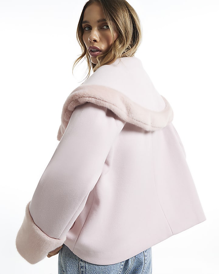 Pink Faux Fur Trim Cape Jacket