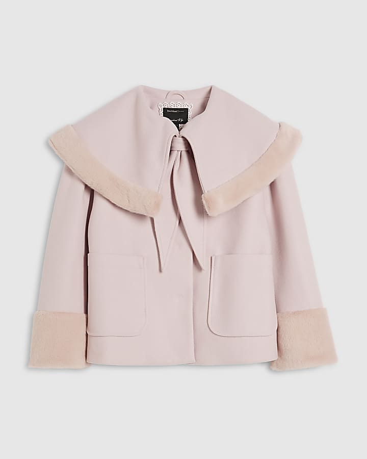 Pink Faux Fur Trim Cape Jacket