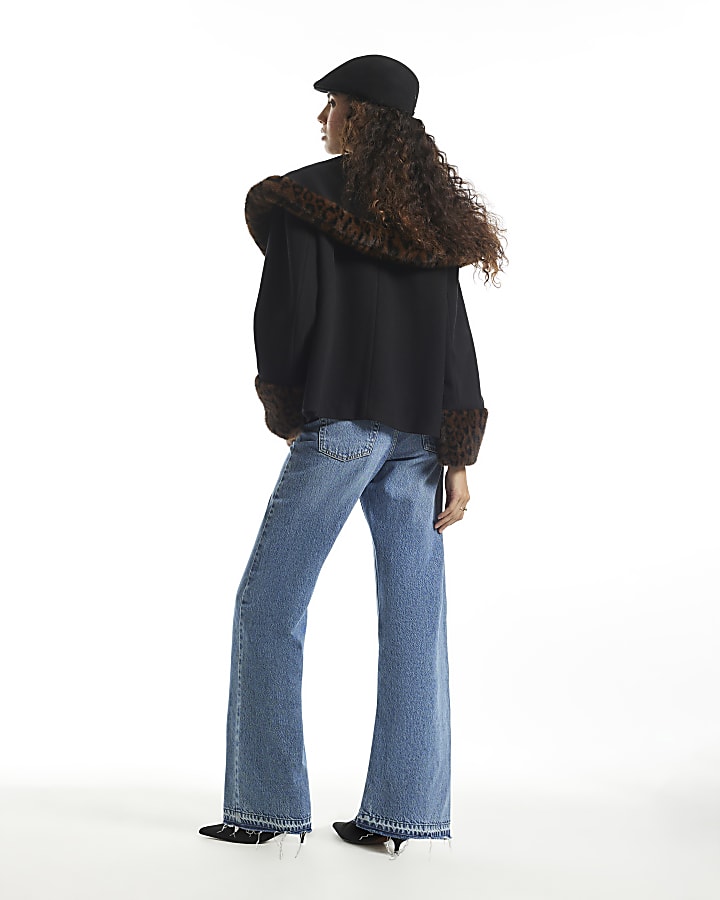 Black Faux Fur Leopard Trim Cape Jacket