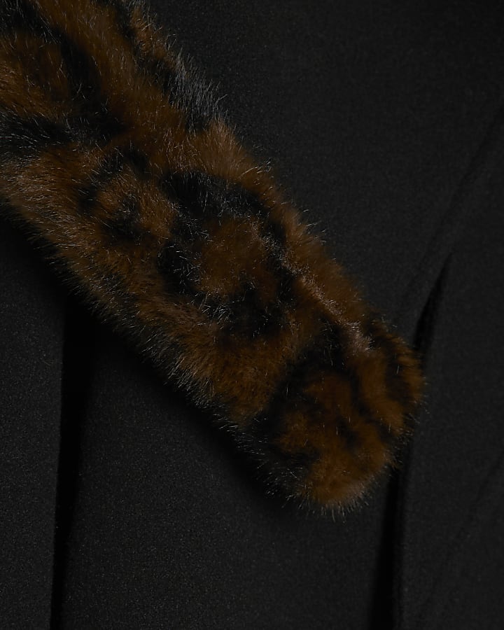 Black Faux Fur Leopard Trim Cape Jacket