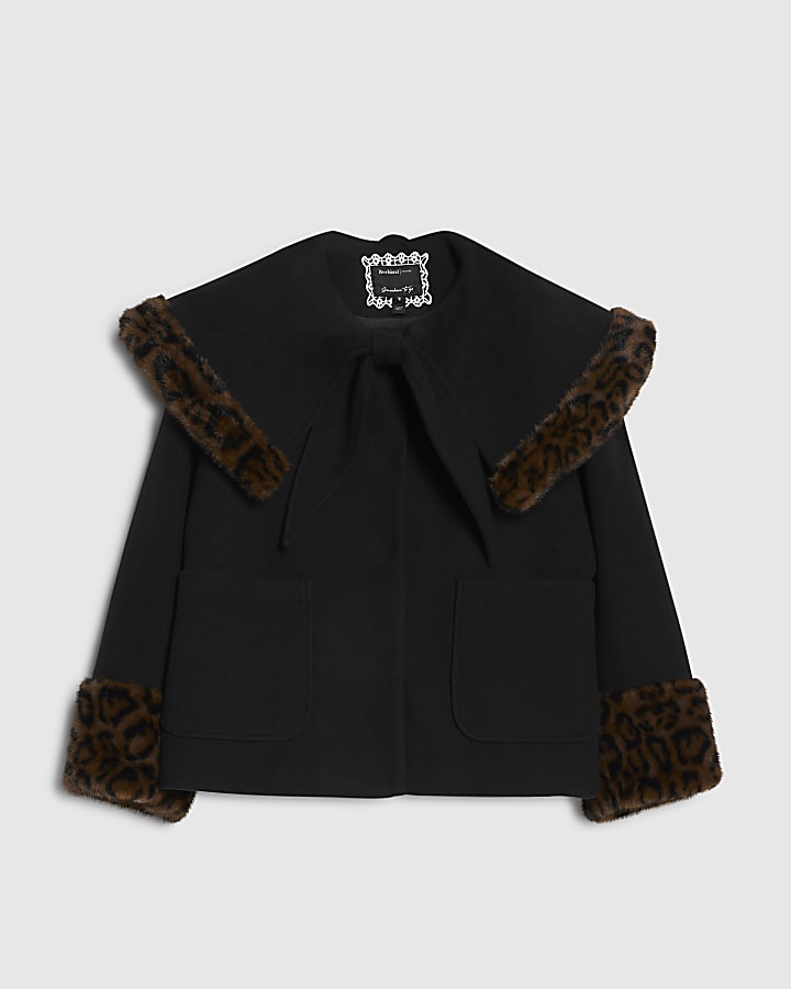Black Faux Fur Leopard Trim Cape Jacket