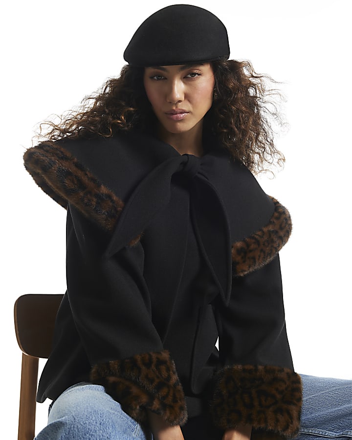 Black Faux Fur Leopard Trim Cape Jacket