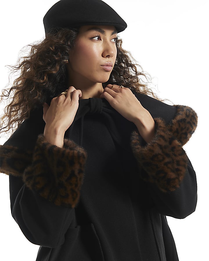 Black Faux Fur Leopard Trim Cape Jacket