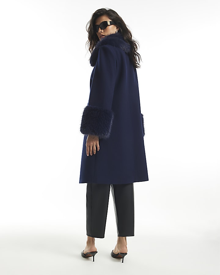 Navy Faux Fur Trim Coat
